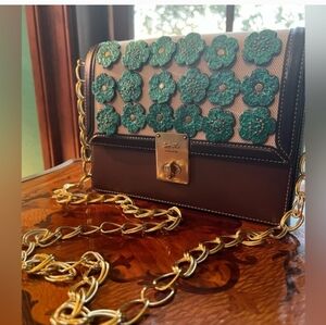 Coach Teal Floral Crossbody Bag with Gold Chain